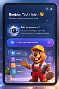 Interface application métier gamifiée avec avatar IA - Menu principal Clients Planning Pièces Rapports