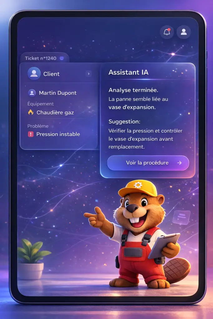 Menu principal application SaaS avec assistant IA - Navigation Accueil Urgences SAV Paramètres