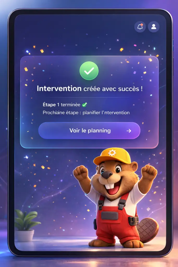 Écran de succès gamifié - Intervention créée avec succès - Avatar assistant IA - Logiciel métier