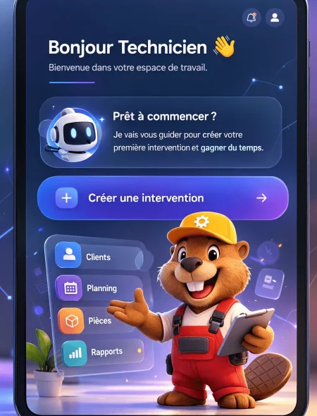 Interface application métier gamifiée avec avatar IA - Menu principal Clients Planning Pièces Rapports