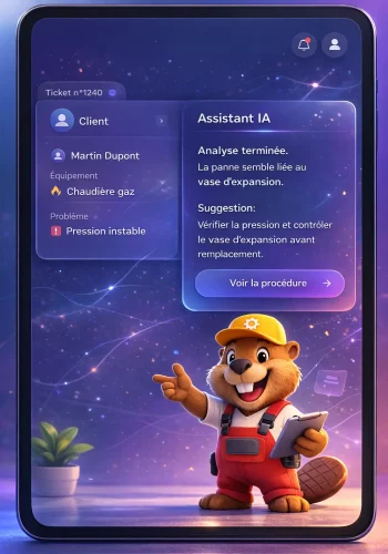 Menu principal application SaaS avec assistant IA - Navigation Accueil Urgences SAV Paramètres