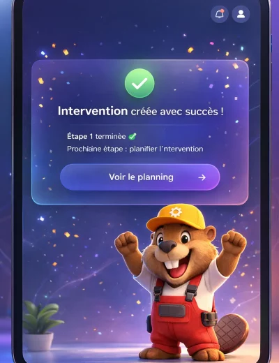 Écran de succès gamifié - Intervention créée avec succès - Avatar assistant IA - Logiciel métier